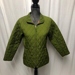 Lands End Quilted Jacket Girls Size Large 14 Dory Green Pink Plaid Lining Coat